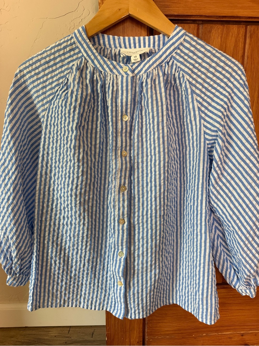 Pomander Place Blue & White Striped Seersucker Blouse - Size XS
